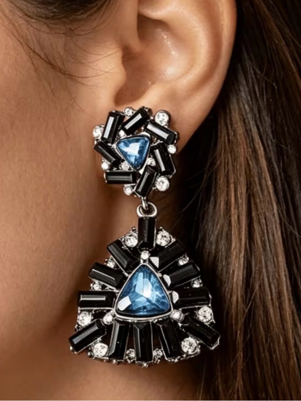 Blue Crystal and Black Baguette Drop Earrings - Women Jewelry